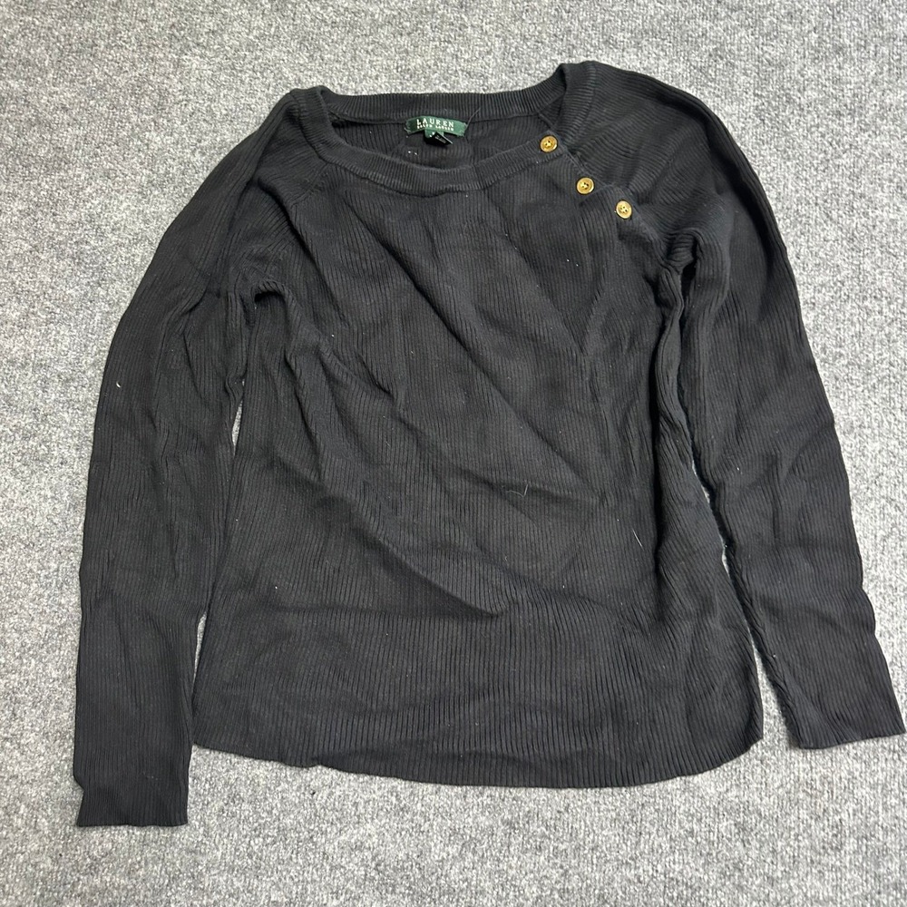 Lauren Ralph Lauren Sweater Womens Size 1X Black Ribbed Knit Gold Button Accent